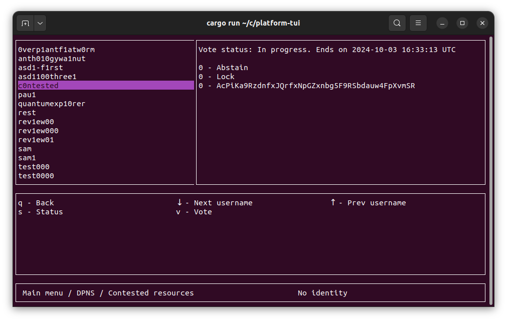 DPNS contested resources screen showing status